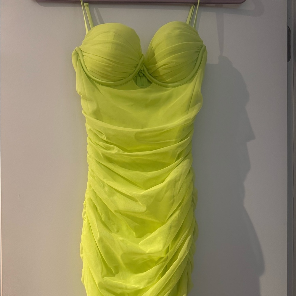Oh Polly Yellow Green Ruched Bodycon Mini Dress